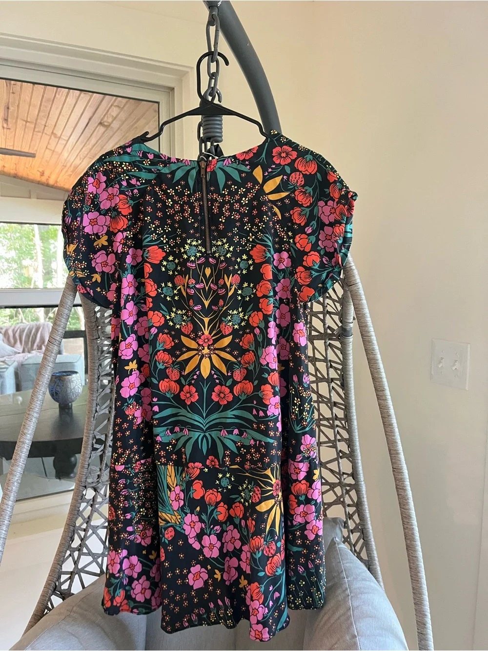 Free People Black Floral Short Sleeve Shift Dress with Pink & Yellow Accents